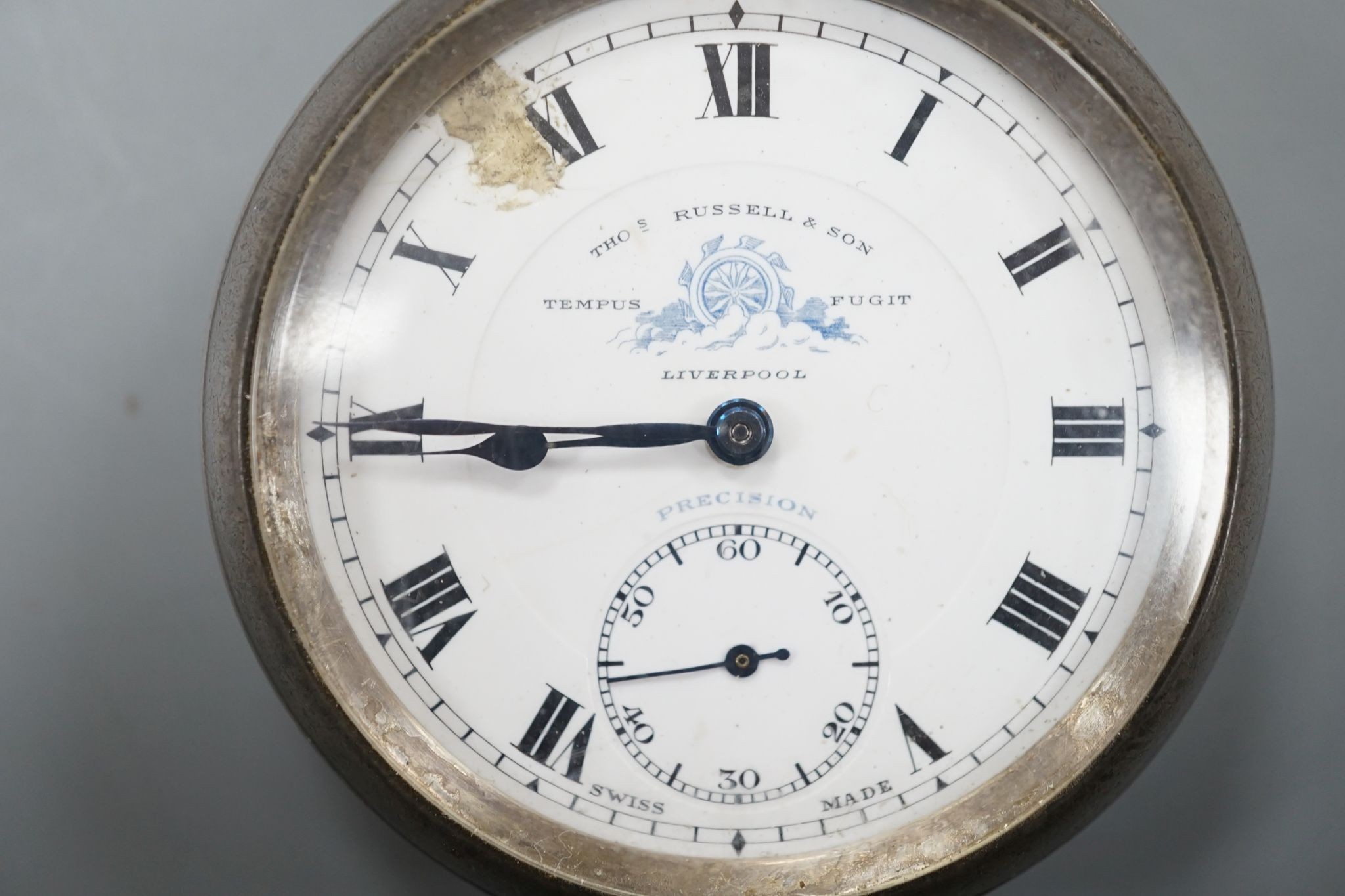 A George V silver open faced keyless pocket watch, by Thomas Russell & Son, Liverpool, with Roman dial and subsidiary seconds, (dial a.f.).